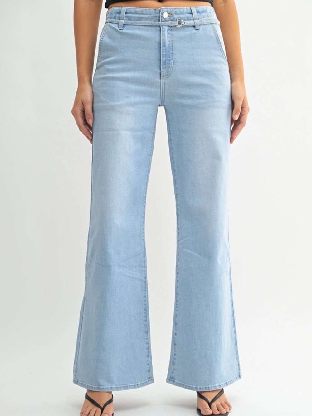 Belted wide-leg flare light denim Jean